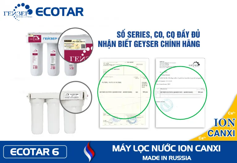 Vị trí mã số CO, CQ xác minh chính hãng trên máy Ion canxi Geyser Ecotar 6