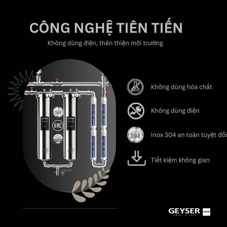 Lọc tổng đầu nguồn Geyser Ecotar 2F4A sử dụng công nghệ lọc tiên tiến, thân thiện môi trường và độ bền cao