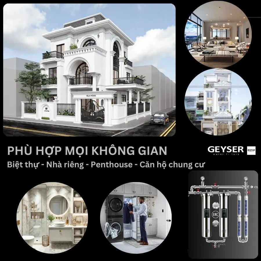 Lọc nước tổng đầu nguồn Geyser Ecotar 2F4A lắp đặt phù hợp hầu hết không gian trong - ngoài nhà