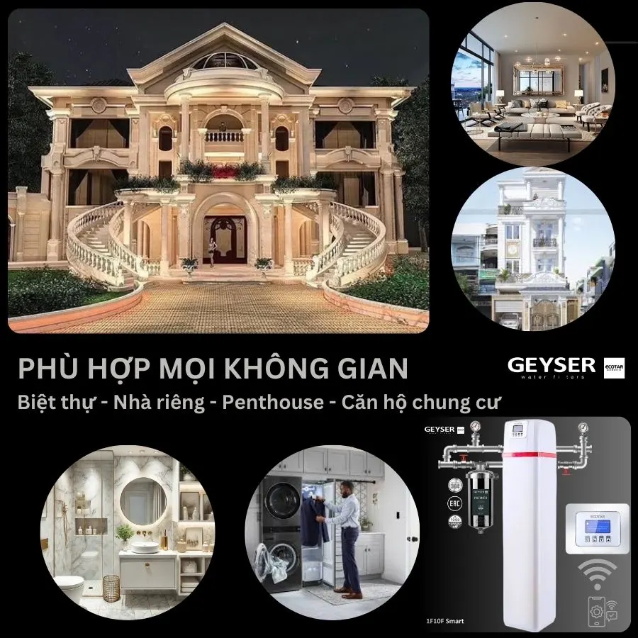 Hệ thống lọc tổng đầu nguồn gia đình tích hợp wifi thông minh Geyser Ecotar 1F10F Smart phù hợp lắp đặt cho mọi căn hộ