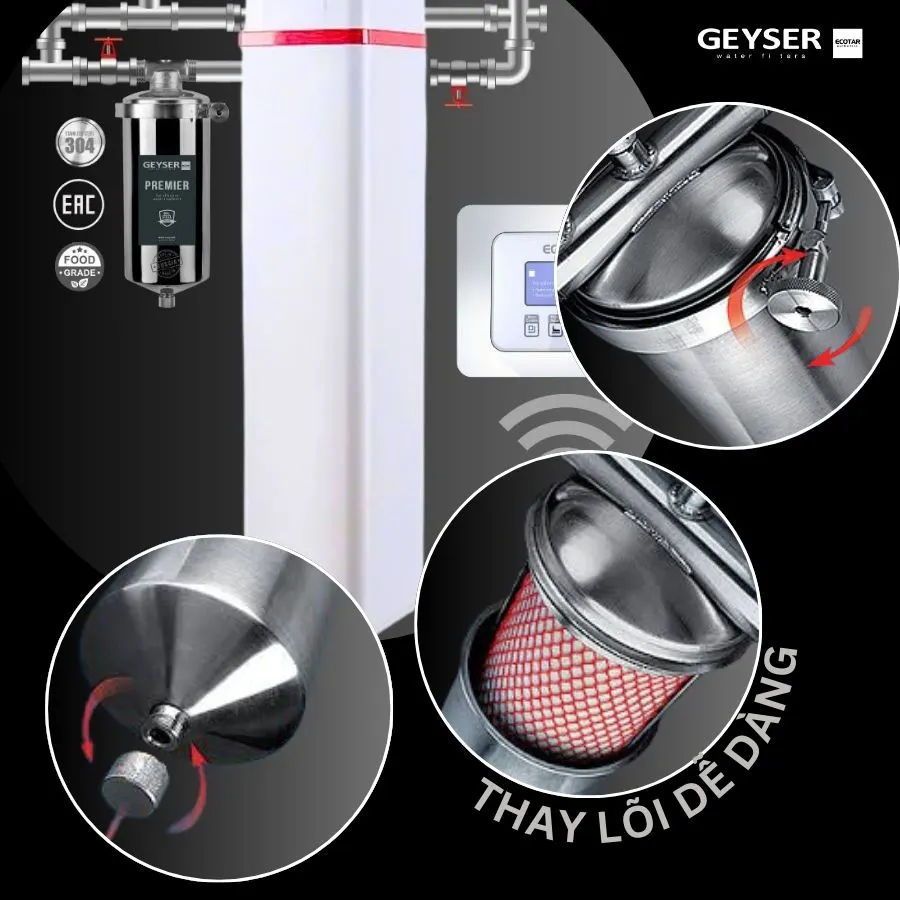 Hệ thống lọc tổng Geyser Ecotar 1F10F Smart vận hành đơn giản và dễ dàng tự thay lõi tại nhà