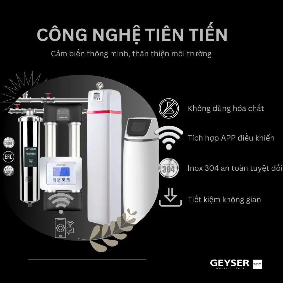 Hệ thống lọc tổng đầu nguồn villa biệt thự tích hợp điều khiển thông minh Geyser Ecotar Lux Smart Villa H5