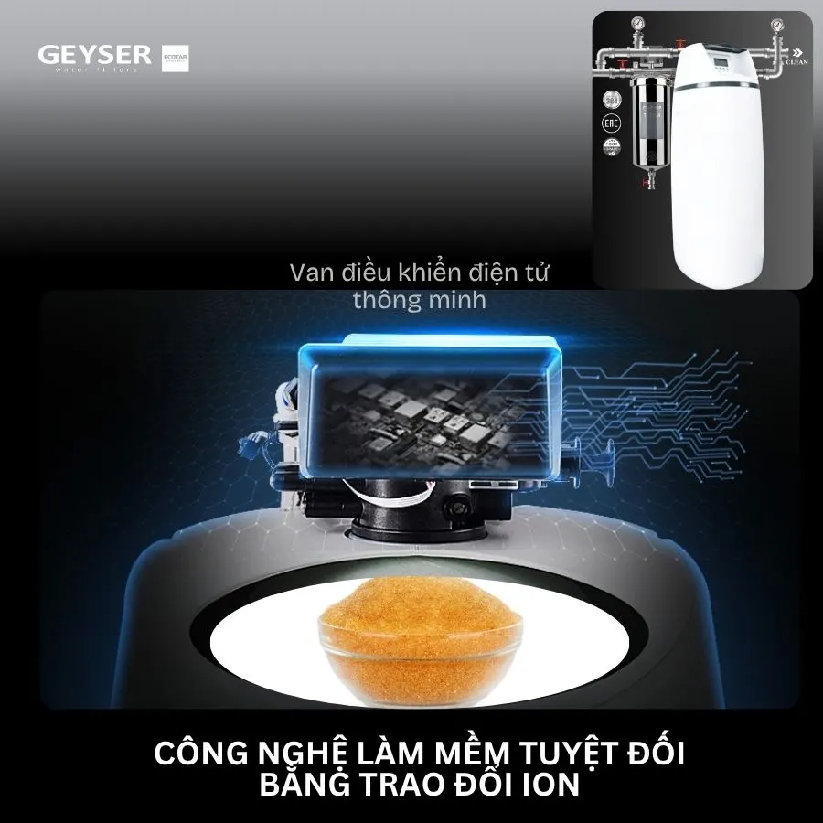 lọc tổng đầu nguồn Geyser Ecotar 1F10S công nghệ làm mềm nước bằng cation