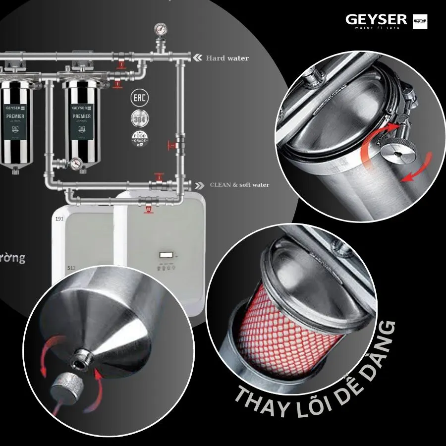 Lọc tổng đầu nguồn trên đường ống lắp âm trần căn hộ chung cư Geyser Ecotar 2F2Ss 9