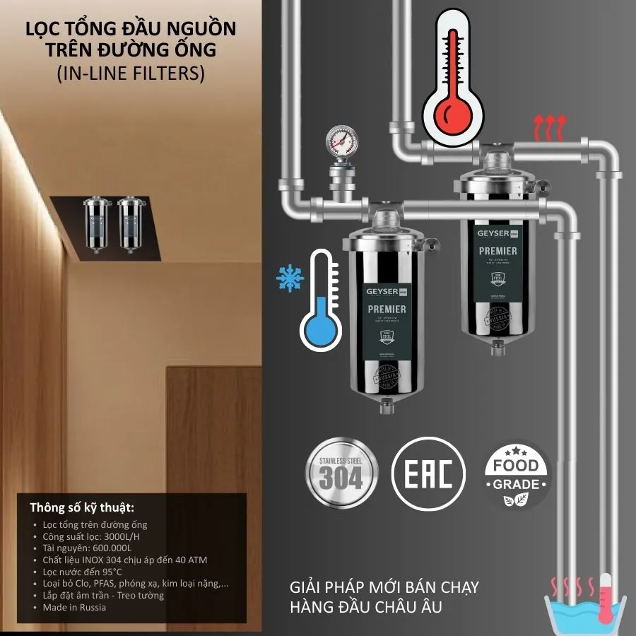 Lọc tổng đầu nguồn Geyser Ecotar lắp âm trần căn hộ chung cư