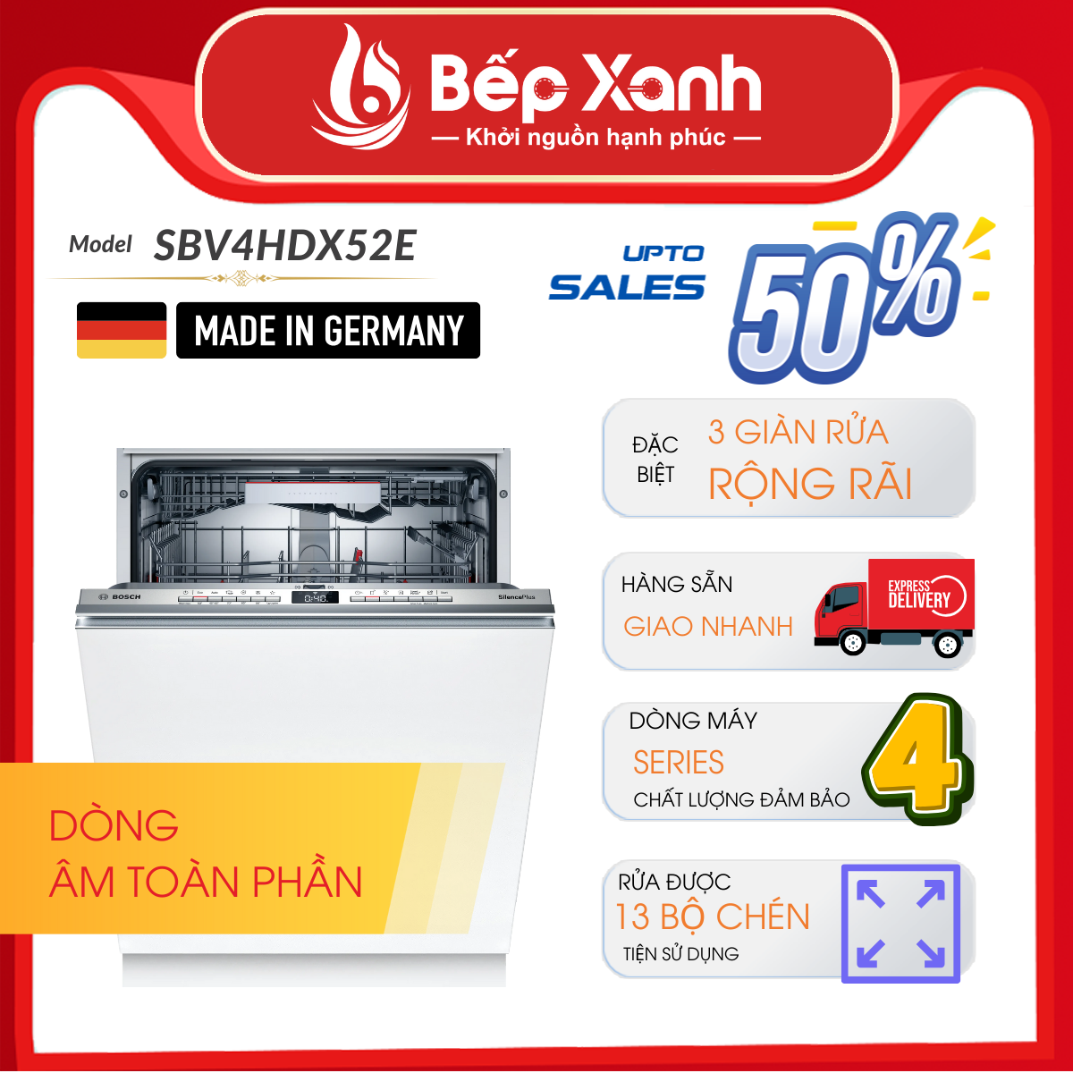 Máy Rửa Chén Âm Tủ Series 4 Bosch SBV4HDX52E/ Nhập Khẩu Liên Bang Đức