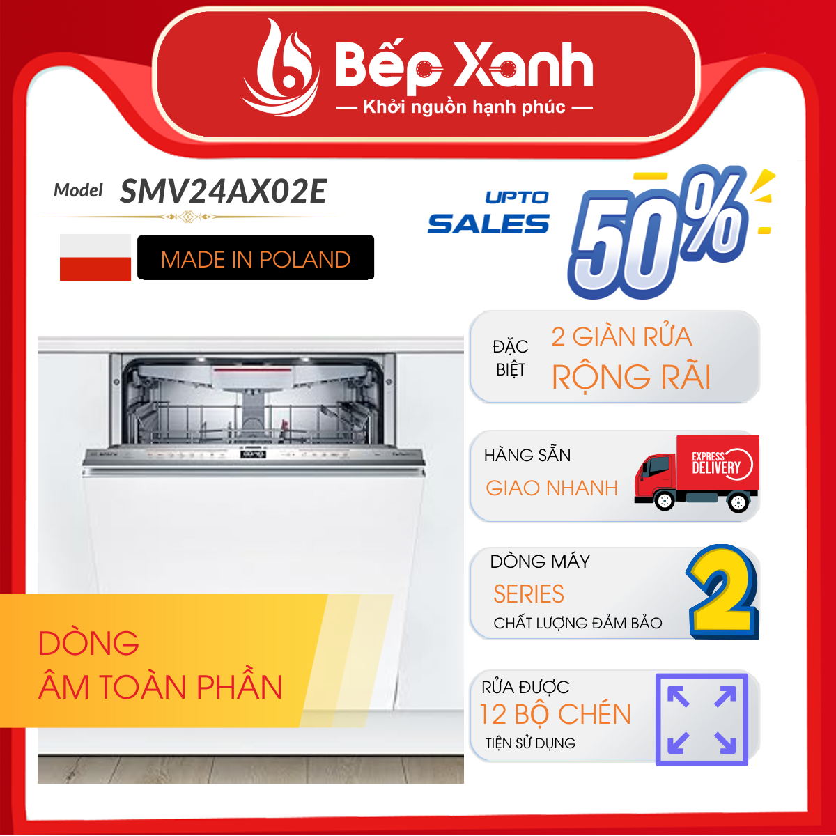 Máy Rửa Chén Âm Tủ Series 2 Bosch SMV24AX02E/ Nhập Khẩu Ba Lan