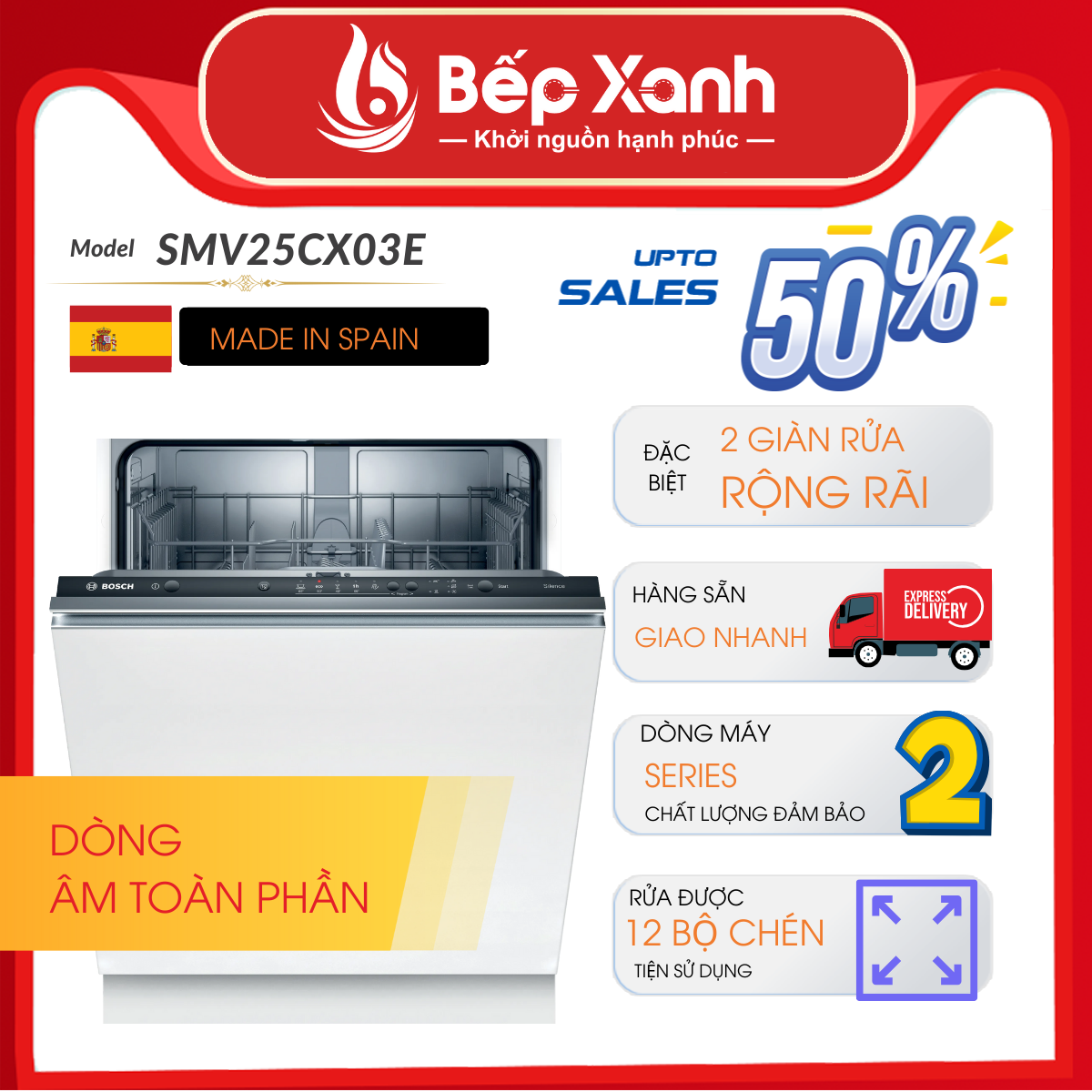 Máy Rửa Chén Âm Tủ Series 2 Bosch SMV25CX03E/ Nhập Khẩu Tây Ban Nha